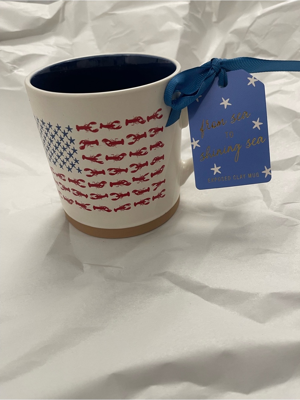 Sunday Morning Ceramics mug - Red white & Blue lobsters and stars … Brand New